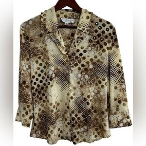 St. John Cream and Brown Polka Dots Blouse with reflective discs - Size 10
